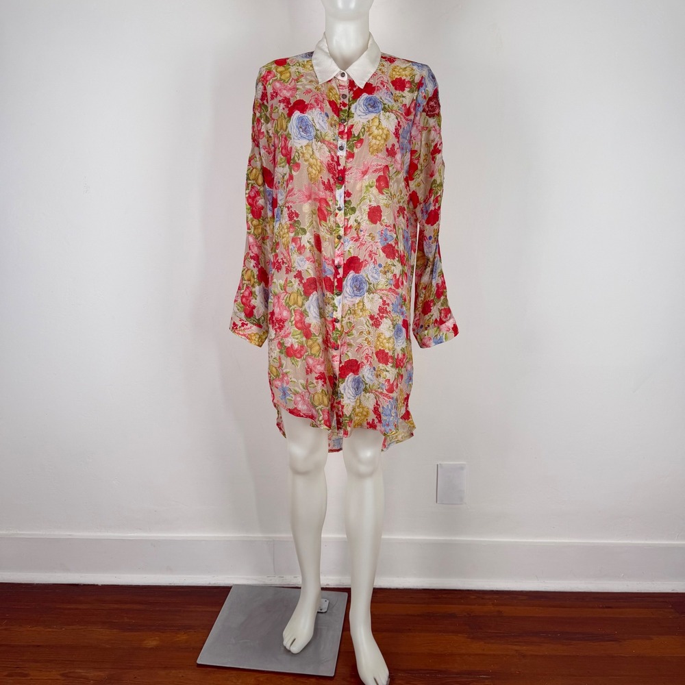 Aratta Silent Journey Floral Sequin Embellished Tunic Shirt/Dress Red Blue Large